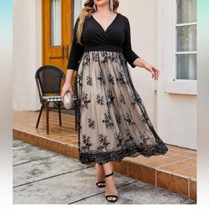 Sequin 3/4 Sleeve Evening Gown with Lace and mesh overlay XXL